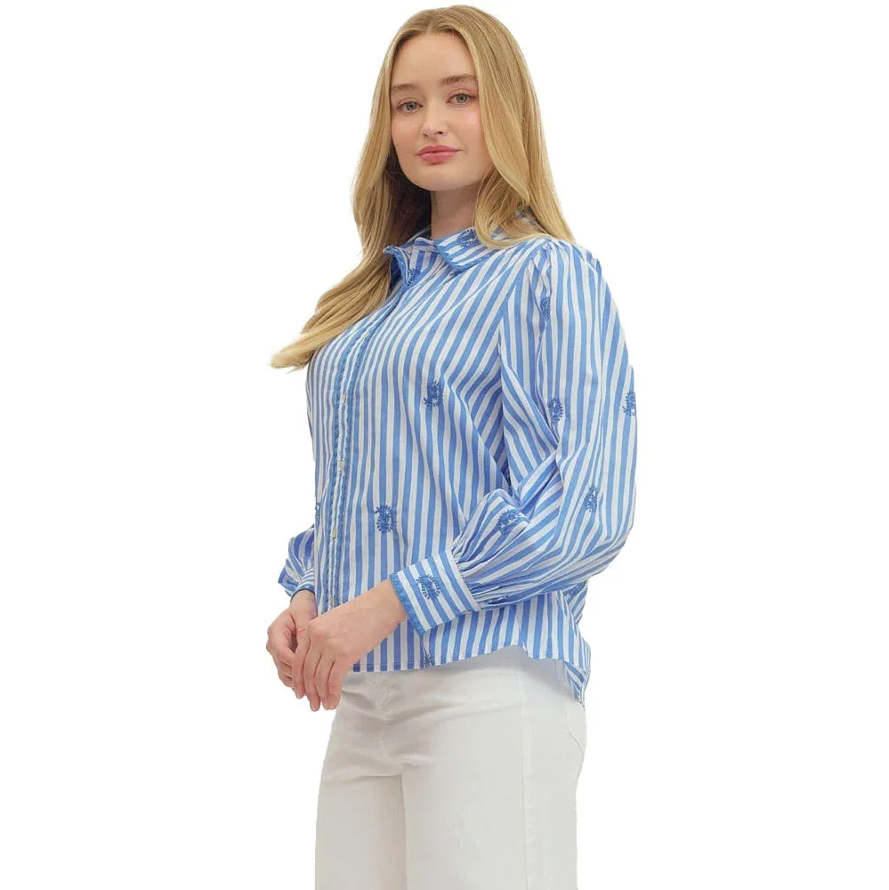 Entro Women's Blue Striped Embroidered Top - Image 2
