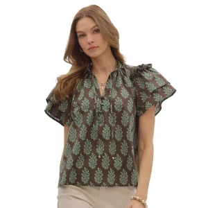 Entro Women's Brown Print Ruffle Sleeve Top