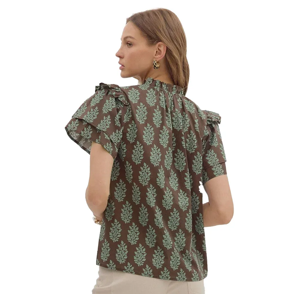 Entro Women's Brown Print Ruffle Sleeve Top - Image 2