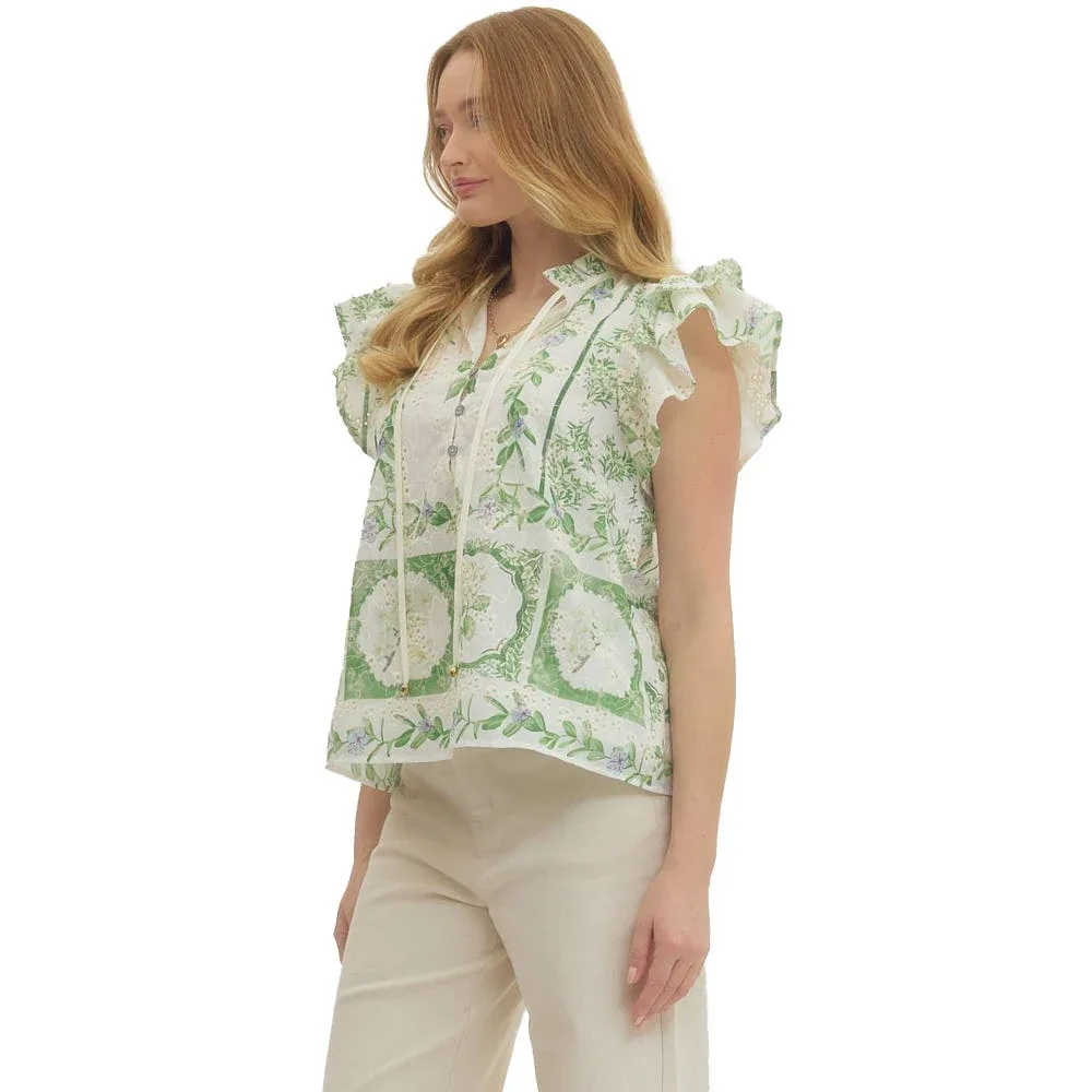 Entro Women's Green Floral Flutter Sleeve Top - Image 2