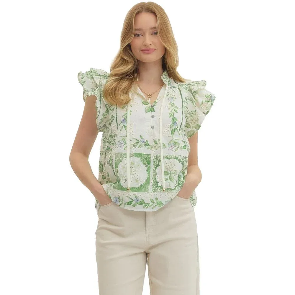 Entro Women's Green Floral Flutter Sleeve Top