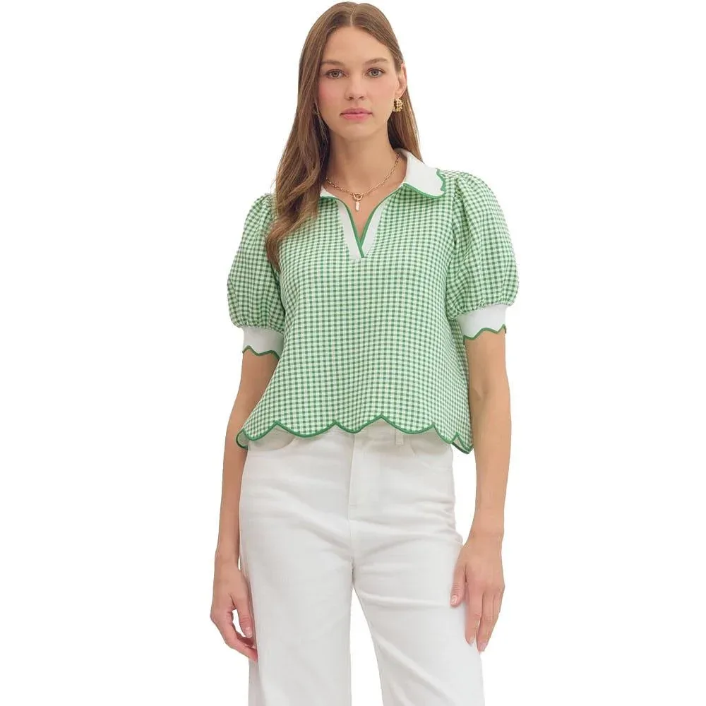 Entro Women's Green Gingham Puff Sleeve Top