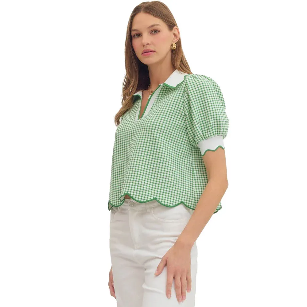 Entro Women's Green Gingham Puff Sleeve Top - Image 2