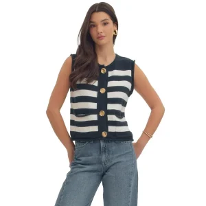 Entro Women's Navy Striped Button Sleeveless Top
