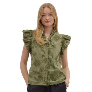 Entro Women's Olive Ruffle Sleeve Top