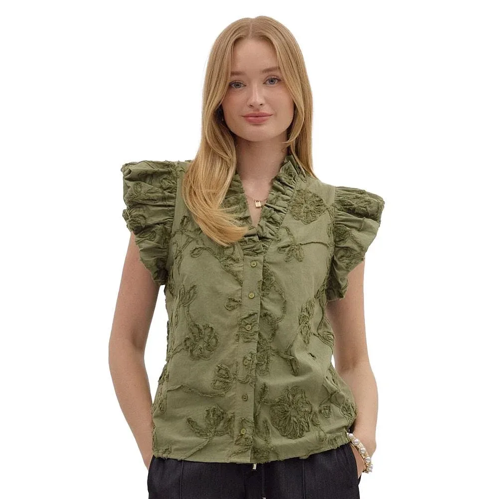 Entro Women's Olive Ruffle Sleeve Top