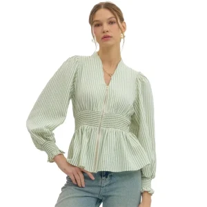 Entro Women's Sage Stripe Zip Up Top