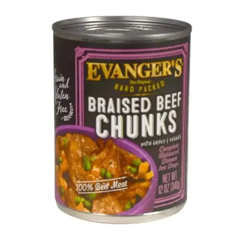 Evanger's Braised Beef Chunks Dog Food - Hand Packed Canned Dog Food 12ea/12 oz