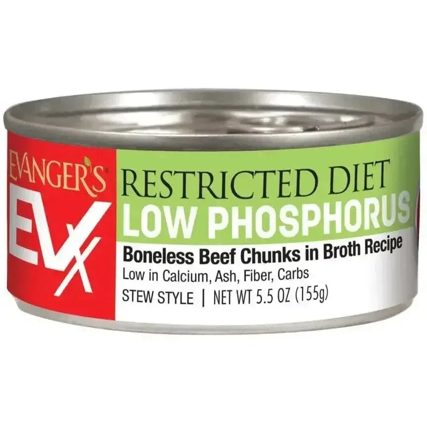 Evanger's EVx Low Phosphorus Cat Food - Restricted Diet Boneless Beef Chunks in Broth 24ea/5.5 oz
