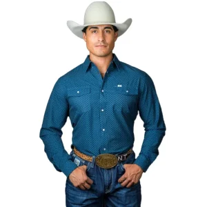 Ferrell Brands Inc Mens Blue Print Vented Pearl Snap Shirt