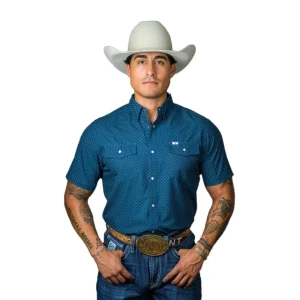Ferrell Brands Inc Mens Blue Print Vented Pearl Snap Shirt