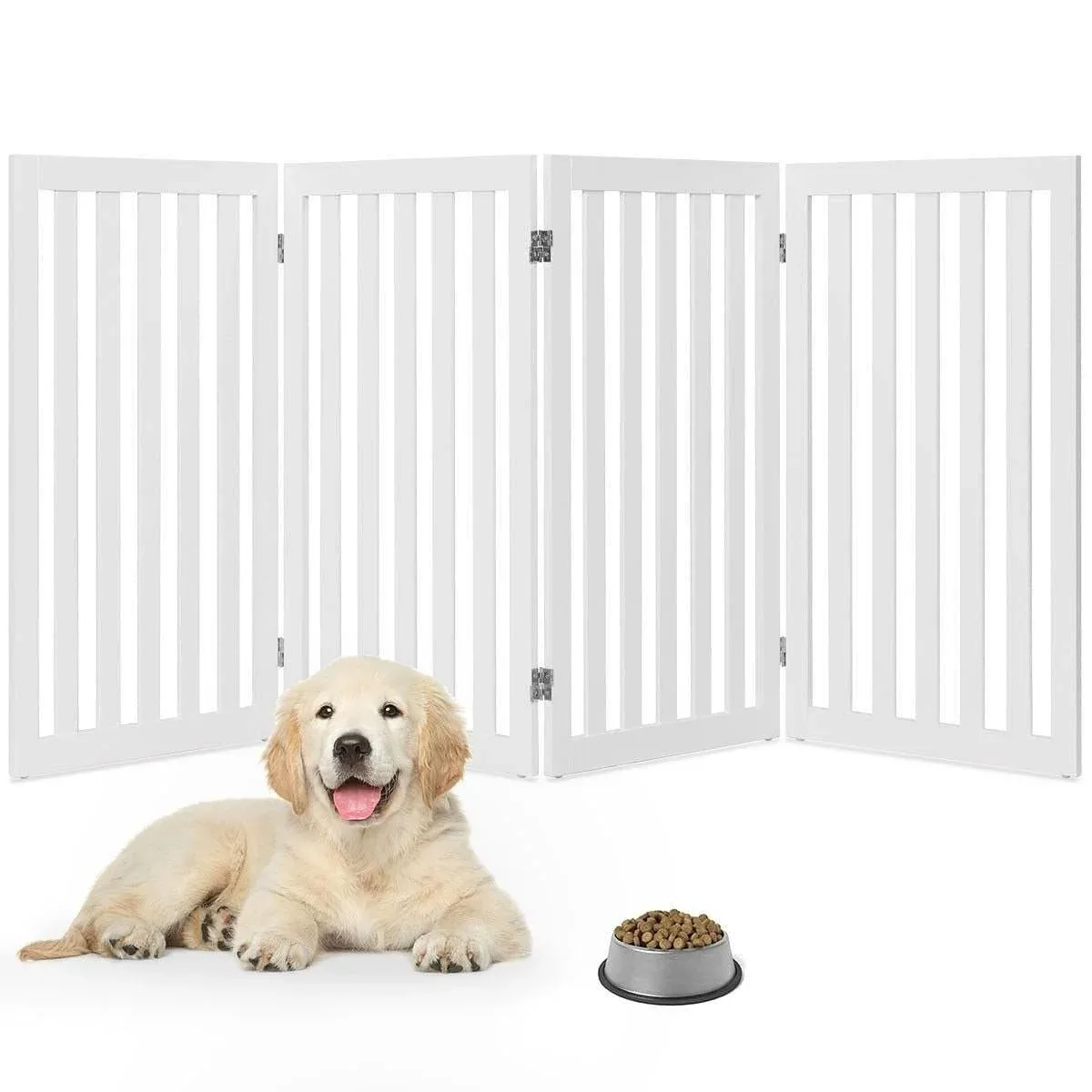 Folding 4-Panel Dog Gate Pet Fence in White Wood Finish - Image 2