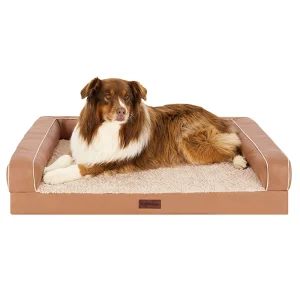 FurHaven Orthopedic Textured Plush & Coated Polyester Memory-Top Modern Sofa Pet Bed, Camel, Jumbo