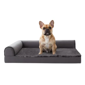 FurHaven Plush & Velvet Orthopedic Deluxe L-Chaise Lounge Sofa Bed - Platnium Gray, M-XXL