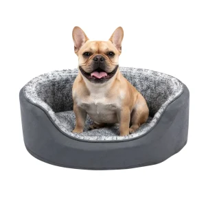 FurHaven Two-Tone Fur & Suede Oval Cuddler Cat & Dog Bed - Gray, S-XL