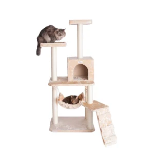 GleePet 57-in Faux Fur Condo, Hammock, Running Ramp Real Wood Cat Tree, Beige