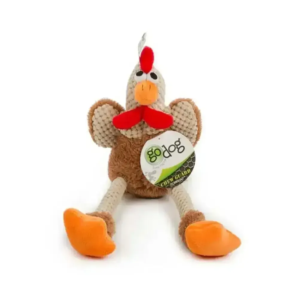GoDog Checkers Skinny Brown Large Rooster Dog Toy for Playful Pets