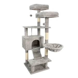 GOOPAWS Cat Tree Tower with Hammock, Faux Fur Cat Furniture, 57 Inch