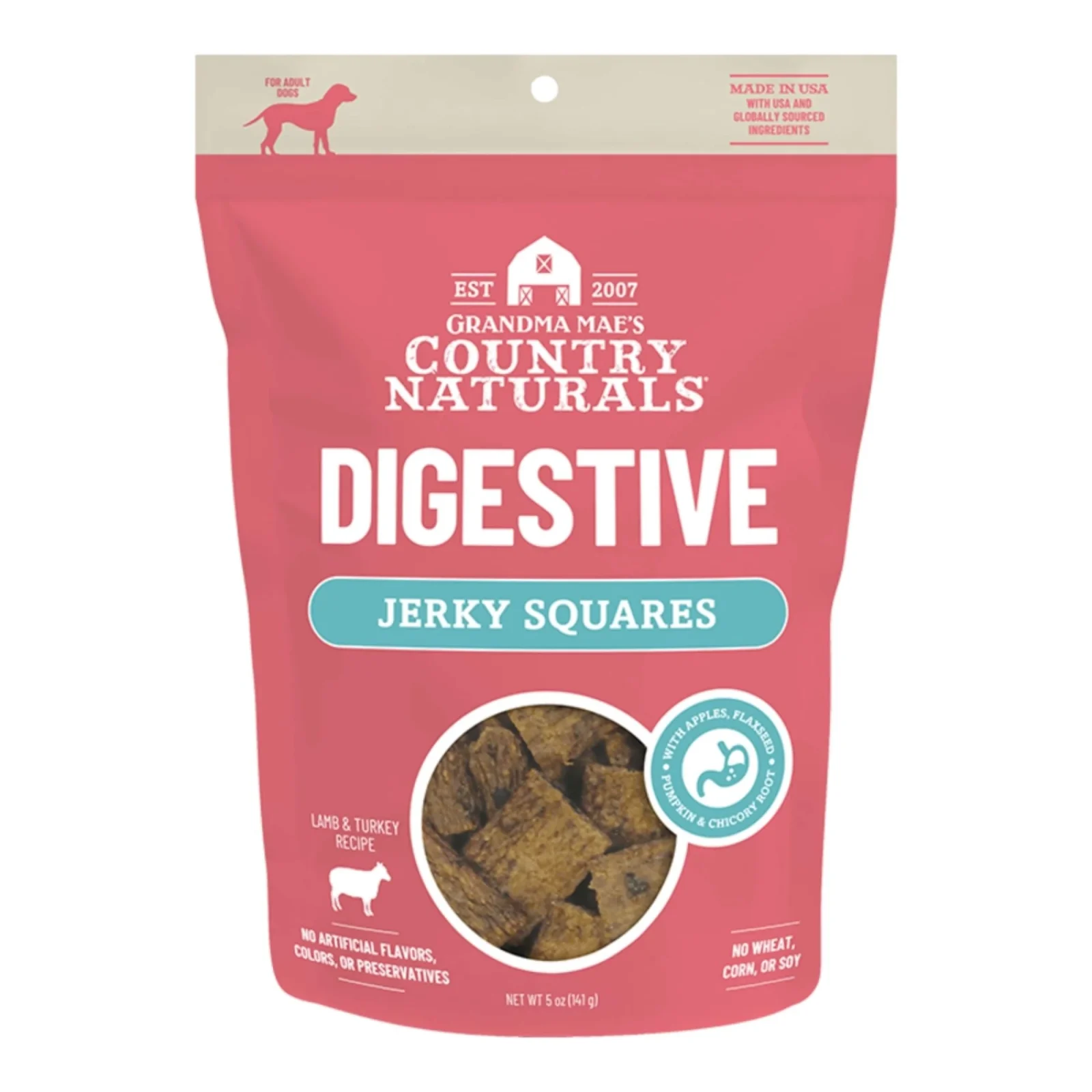 Grandma Mae's Country Naturals Dog Jerky Squares, Digestive Support, Lamb & Turkey, 5 oz