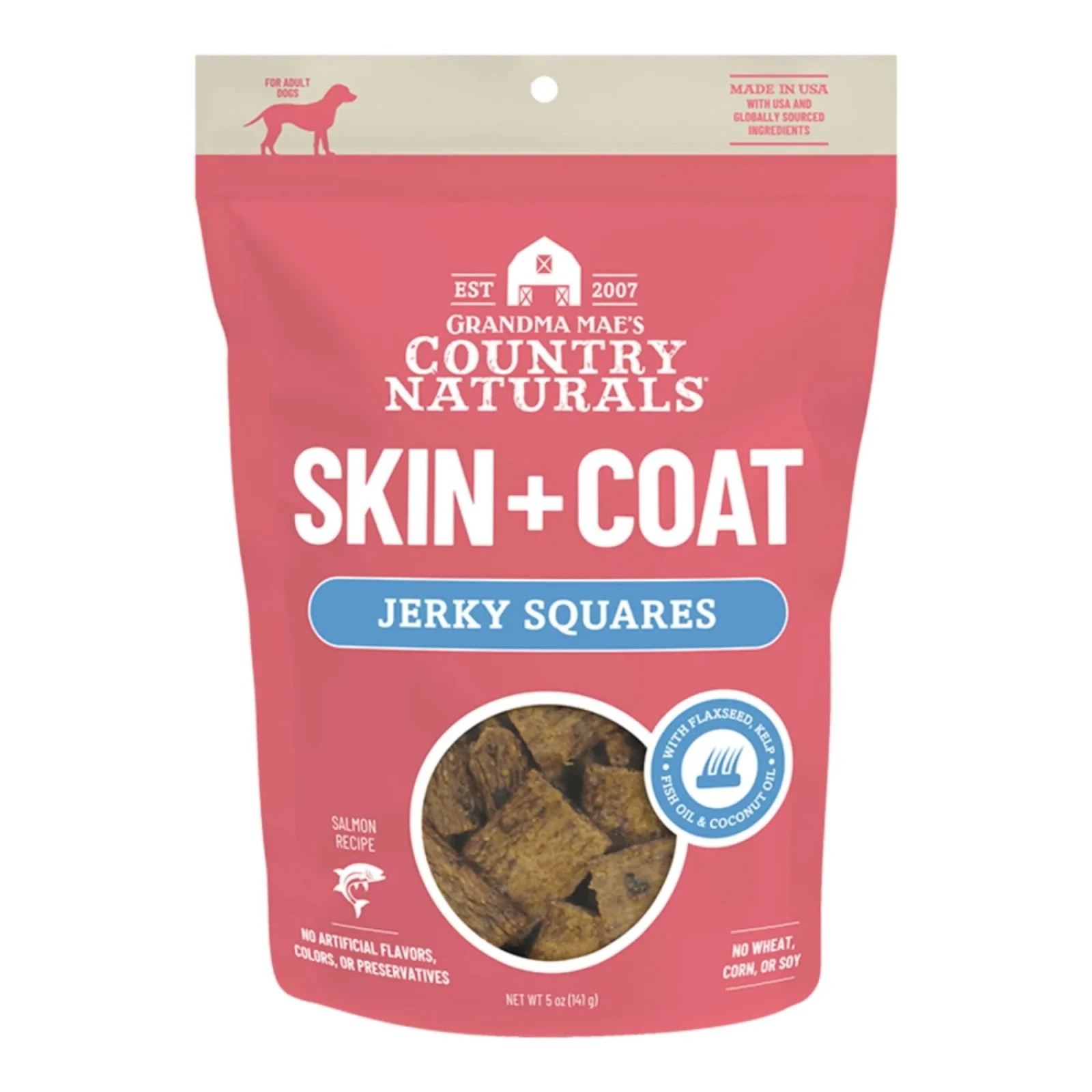 Grandma Mae's Country Naturals Dog Jerky Squares, Skin & Coat Support, Salmon, 5 oz