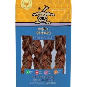 Honey I'm Home Dog Natural Honey Coated Buffalo Treats Braided Gullet 3.53oz.