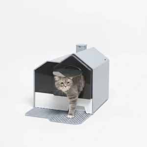 Hooded Cat Litter Box w/ Litter Mat, Litter Particle Catching, Gray