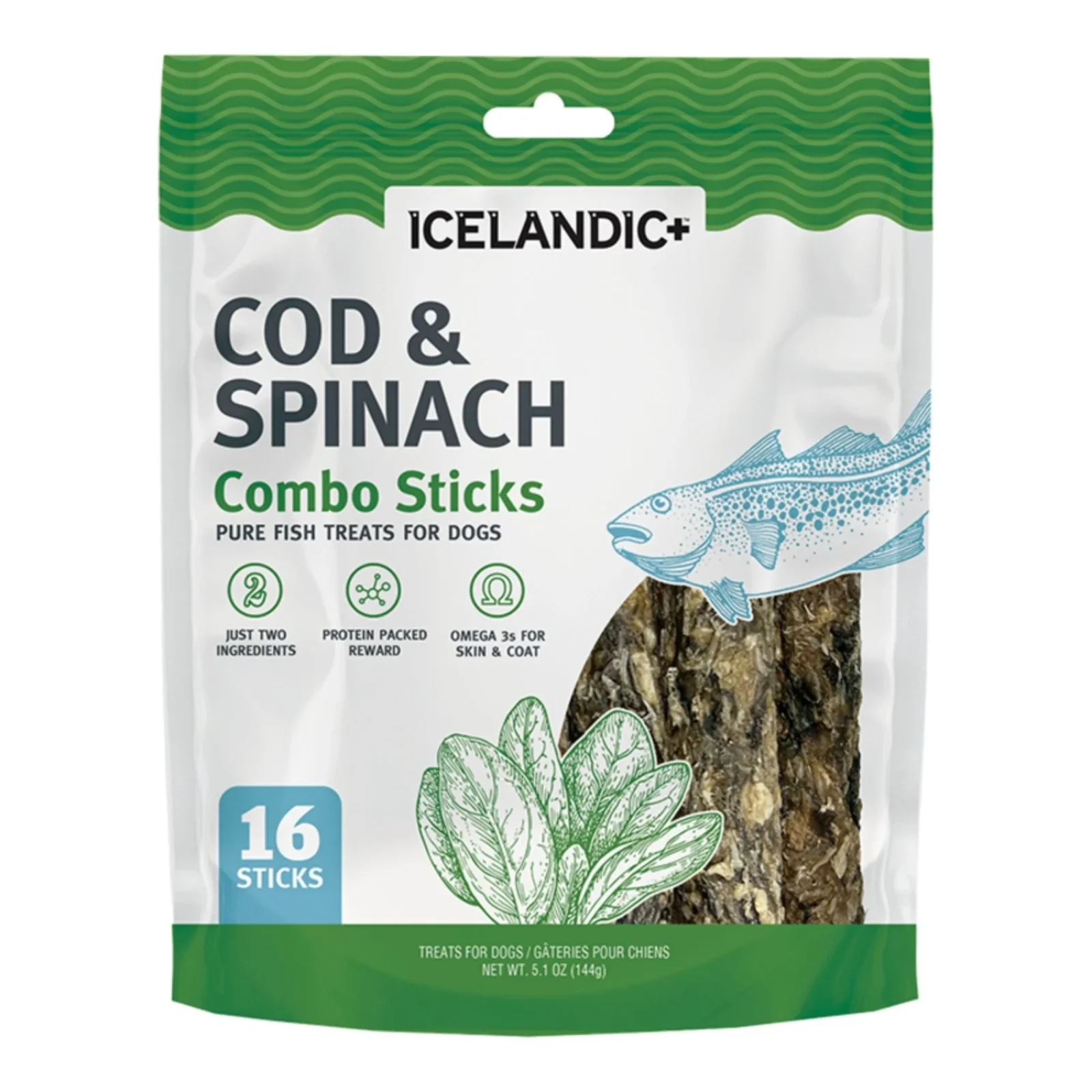 Icelandic Dog Cod & Spinach Combo Sticks, Value Pack, 16-Count