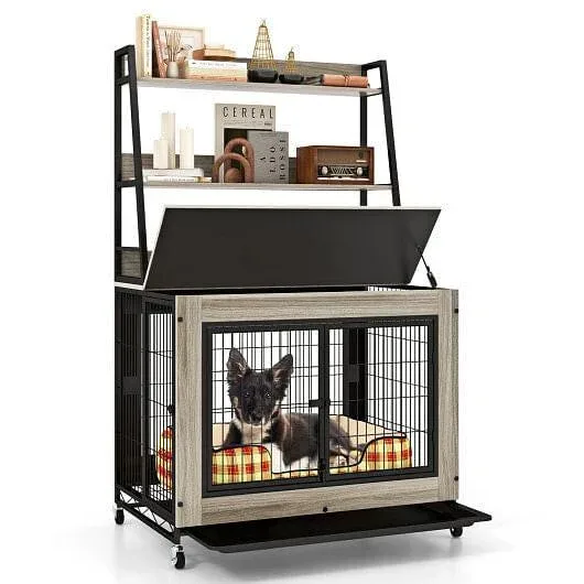 Industrial Dog Kennel Dog Crate Furniture with Storage Shelves-Rustic Brown