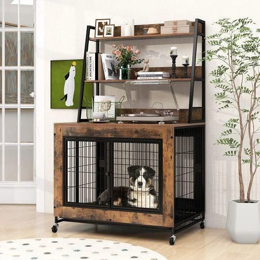 Industrial Dog Kennel Dog Crate Furniture with Storage Shelves-Rustic Brown - Image 2