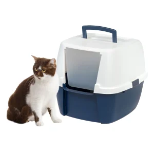 IRIS Large Enclosed Cat Litter Box w/ Handle, Lid Buckles & Front Door Flap, Portable Design, Navy