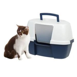 IRIS Large Enclosed Cat Litter Box W/ Space-Saving Corner Design, Built-In Handles & Lid Buckles