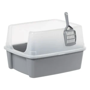 IRIS Large Open Top Cat Litter Tray With Scatter Sheild & Scoop, High Sided Cat Litter Pan- Gray