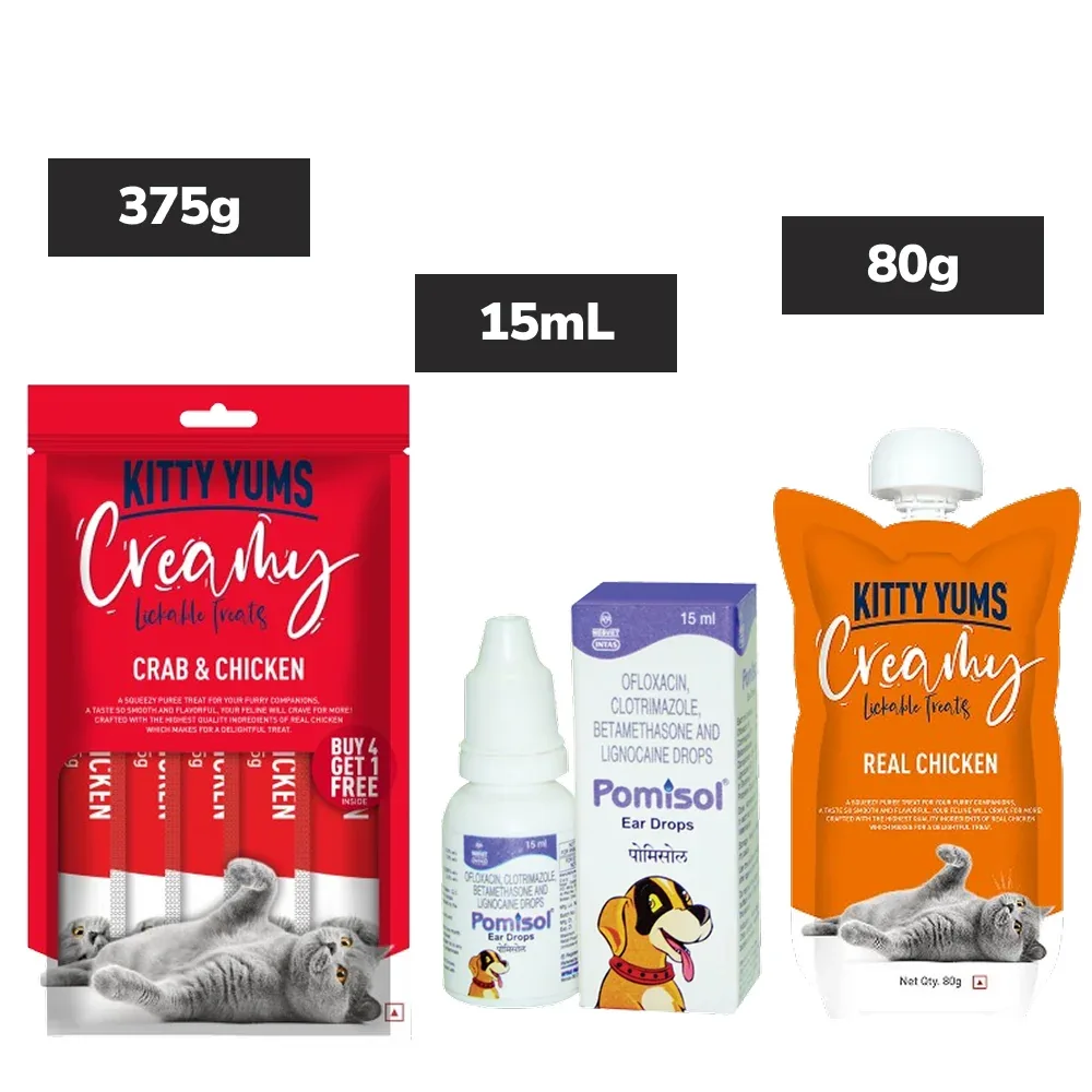 Kitty Yums Crab & Chicken and Lickable Real Chicken Creamy Cat Treats with Intas Pomisol Ear Drops for Dogs & Cats Combo