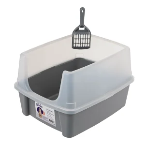 Litter Genie Open Top Cat Litter Box With Scatter Shield & Non-Skid Bottom, Scoop Included, Gray