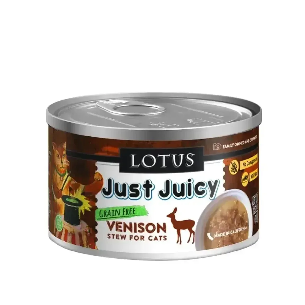 Lotus Just Juicy Grain-Free Venison Stew Cat Food in Canned Form