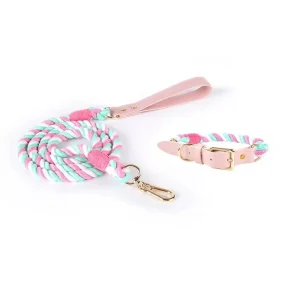 Luxe Royal Pink Leather Rope Dog Leash and Dog Collar Set - Brass Hardware