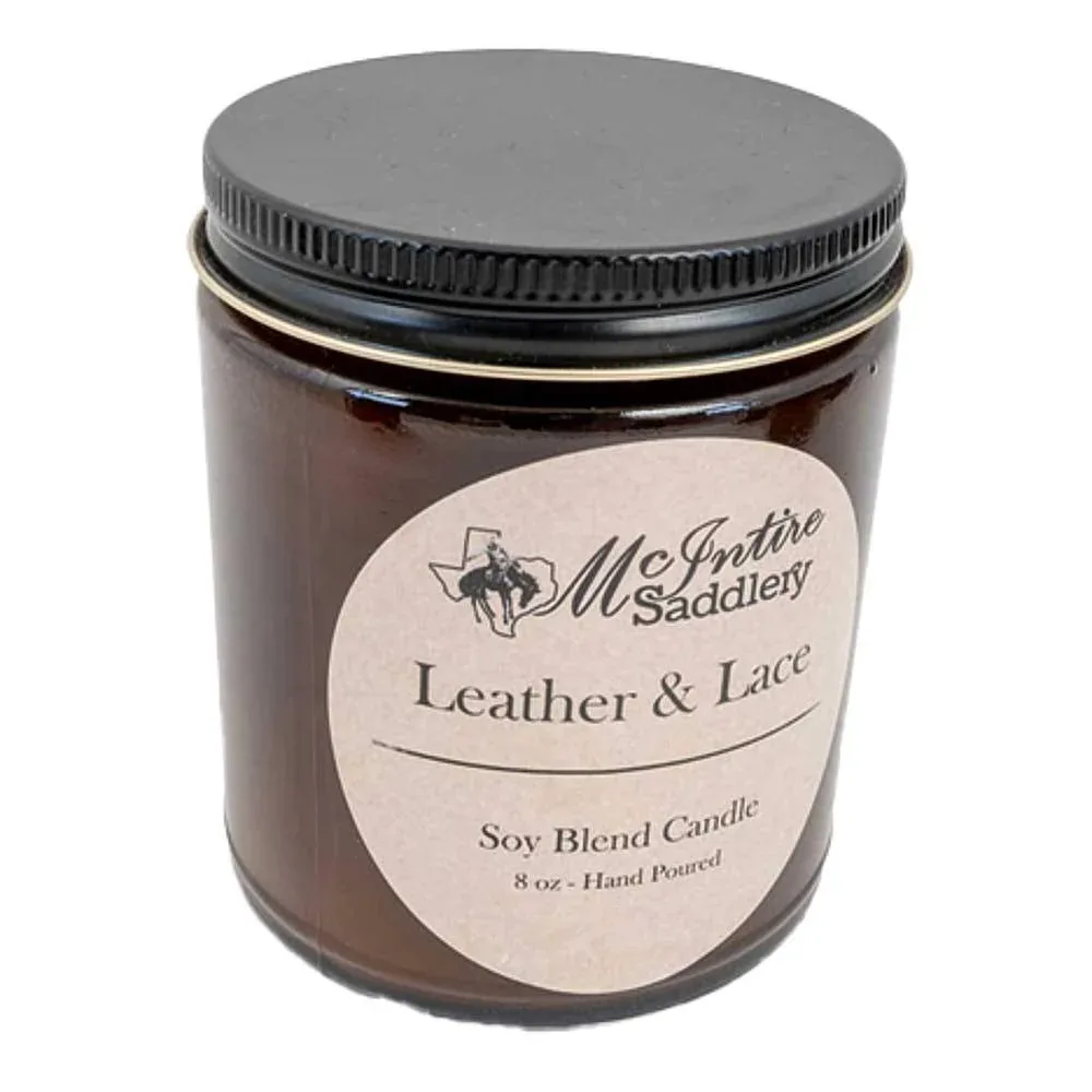 Mcintire Saddlery Leather/Lace 8oz Amber Glass Jar Candle