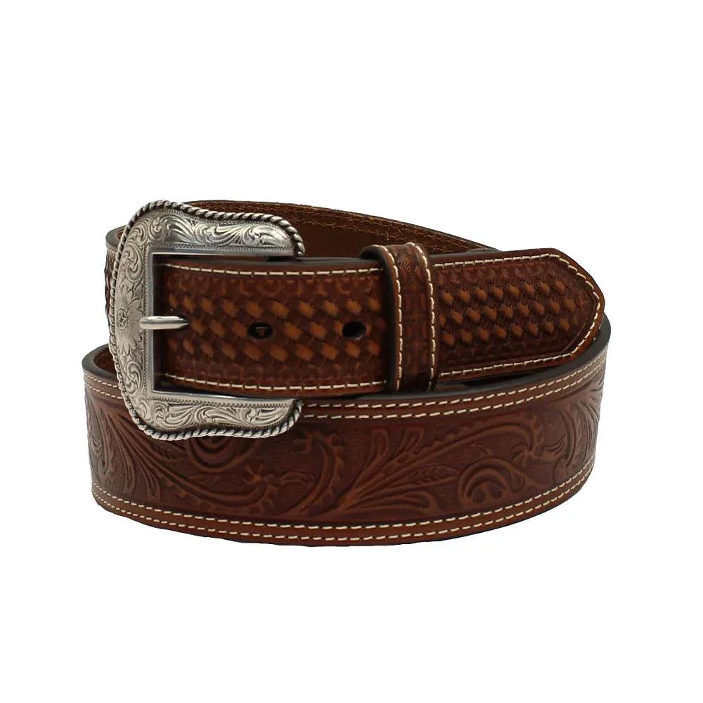 Men's Brown Floral Tooled Basketweave Belt