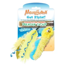 Meowijuana Get Flyin Eel Exp 2 Pack Refillable Catnip Toy with Wand Promotes Play and Cat Health