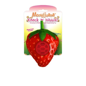 Meowijuana Knock N' Nibble Strawberry Refillable Treat Dispensing Cat Toy Promotes Play & Health