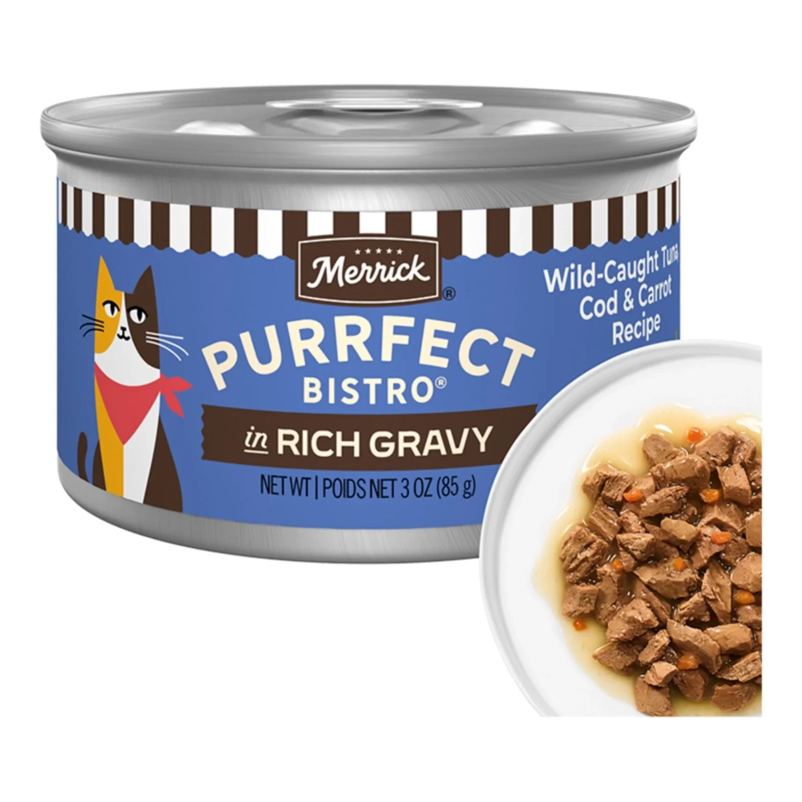 Merrick Cat Purrfect Bistro Delicious Premium High Protein Wild Caught Tuna Cod and Carrot Recipe In Gravy 3oz. (Case of 24) - Image 2