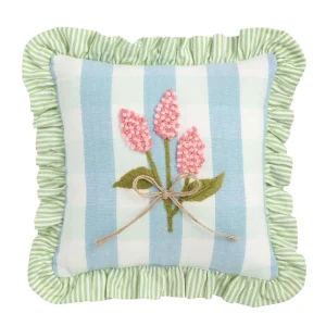 Mud Pie Blue Check Ruffle Floral Embroidered Pillow