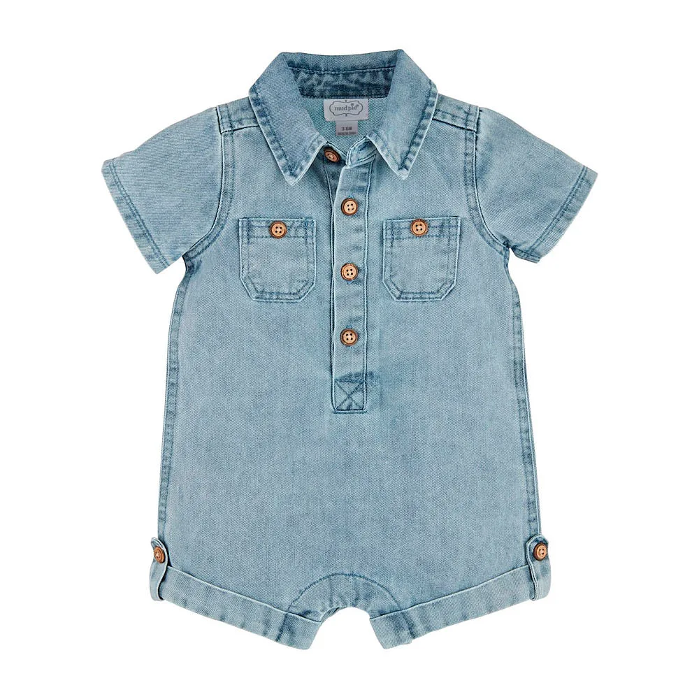 Mud Pie Boys Light Wash Denim Shortall - Image 2