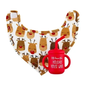 Mud Pie Christmas Bib with Red Sippy Cup