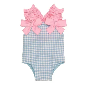 Mud Pie Girl's Blue Crinkle Check Swimsuit