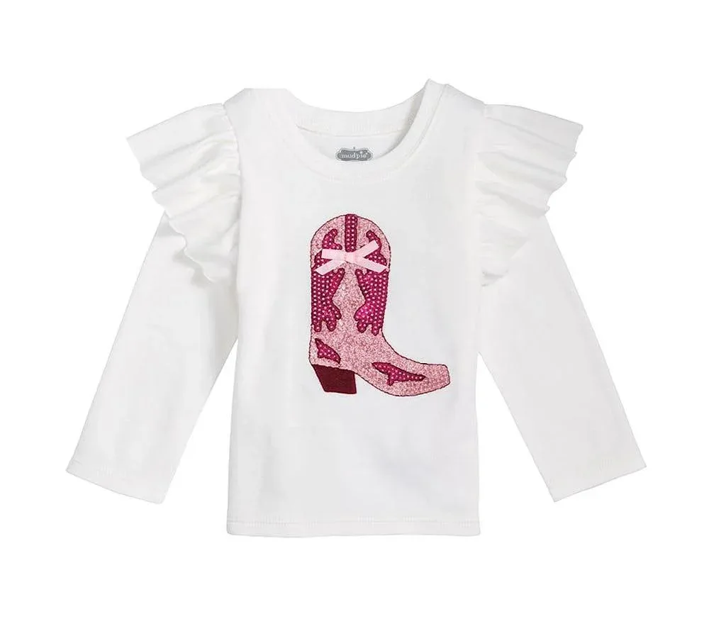Mud Pie Girl's Ivory Sequin Boot Tee Shirt