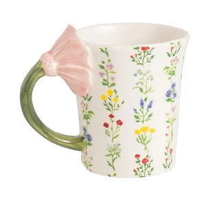 Mud Pie Pattern with Pink Flower Handle Mug