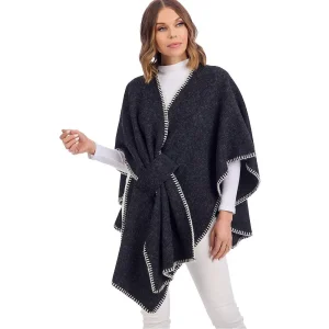Mud Pie Women's Hayword Black Blanket Stitch Poncho