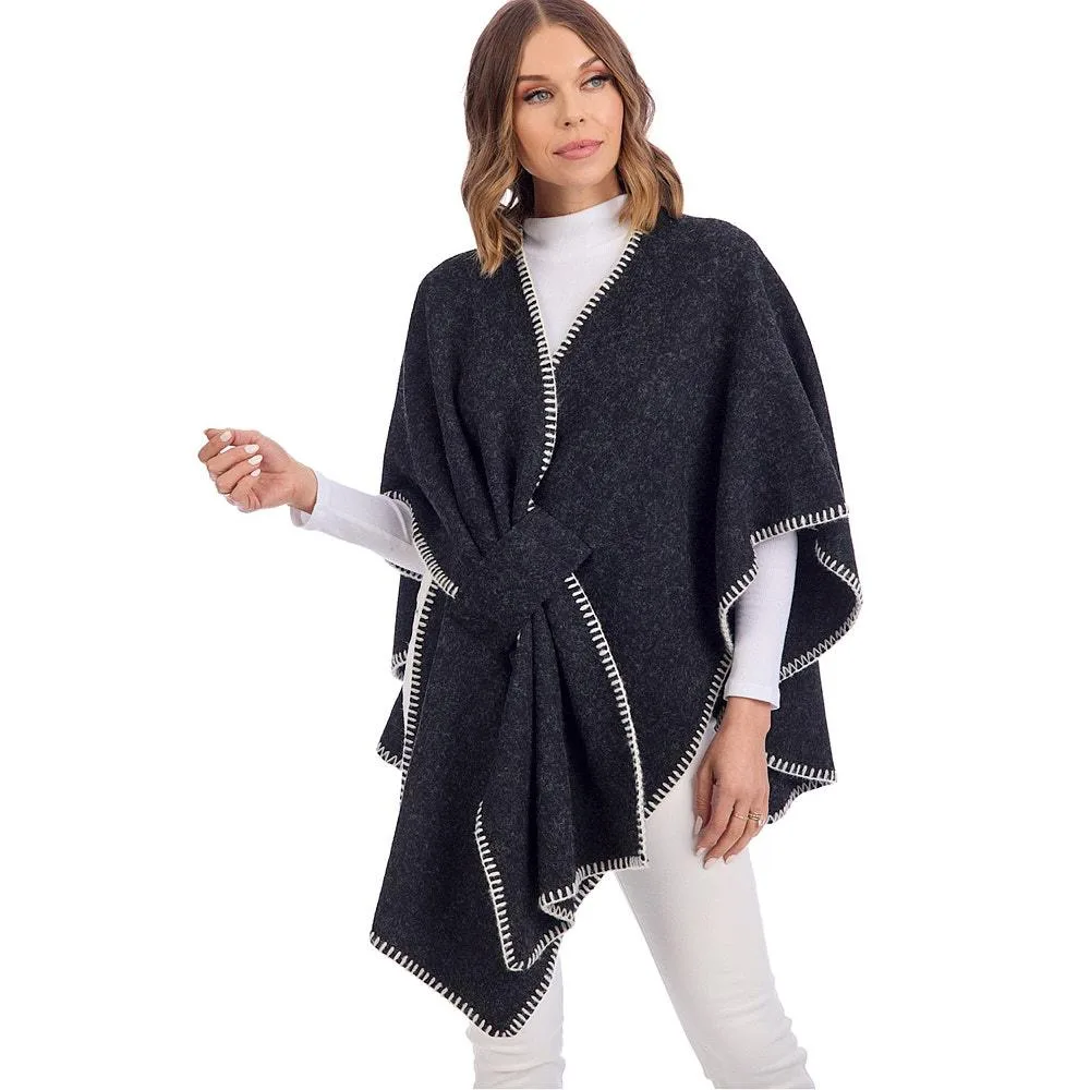Mud Pie Women's Hayword Black Blanket Stitch Poncho