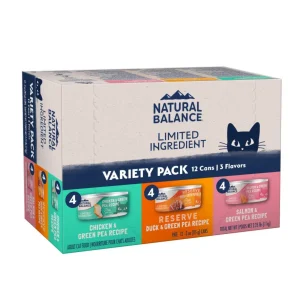 Natural Balance Limited Ingredient Pate Canned Cat Food, Variety Pack (Chicken, Reserve Duck, Salmon), 5.5 oz, Case of 12